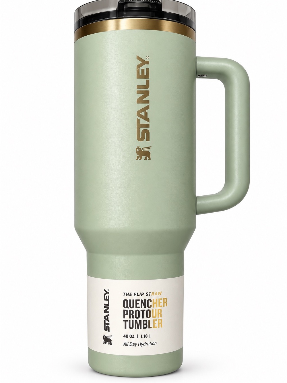Stanley Sage Green Tumbler with Gold Accent and Handle